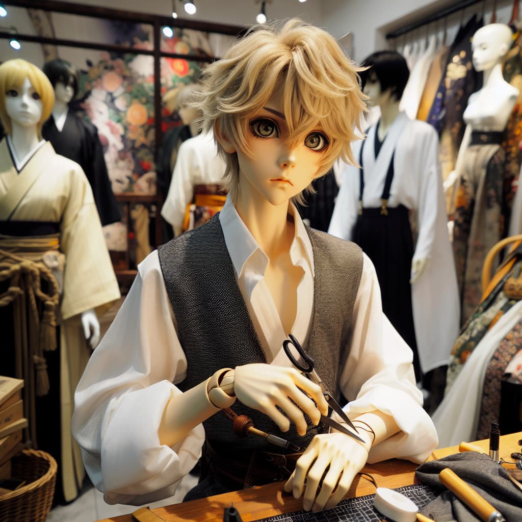 imagine in anime seraph of the end like look showing an anime boy with messy blond hair and green eyes working in cosplay kunstgalerie