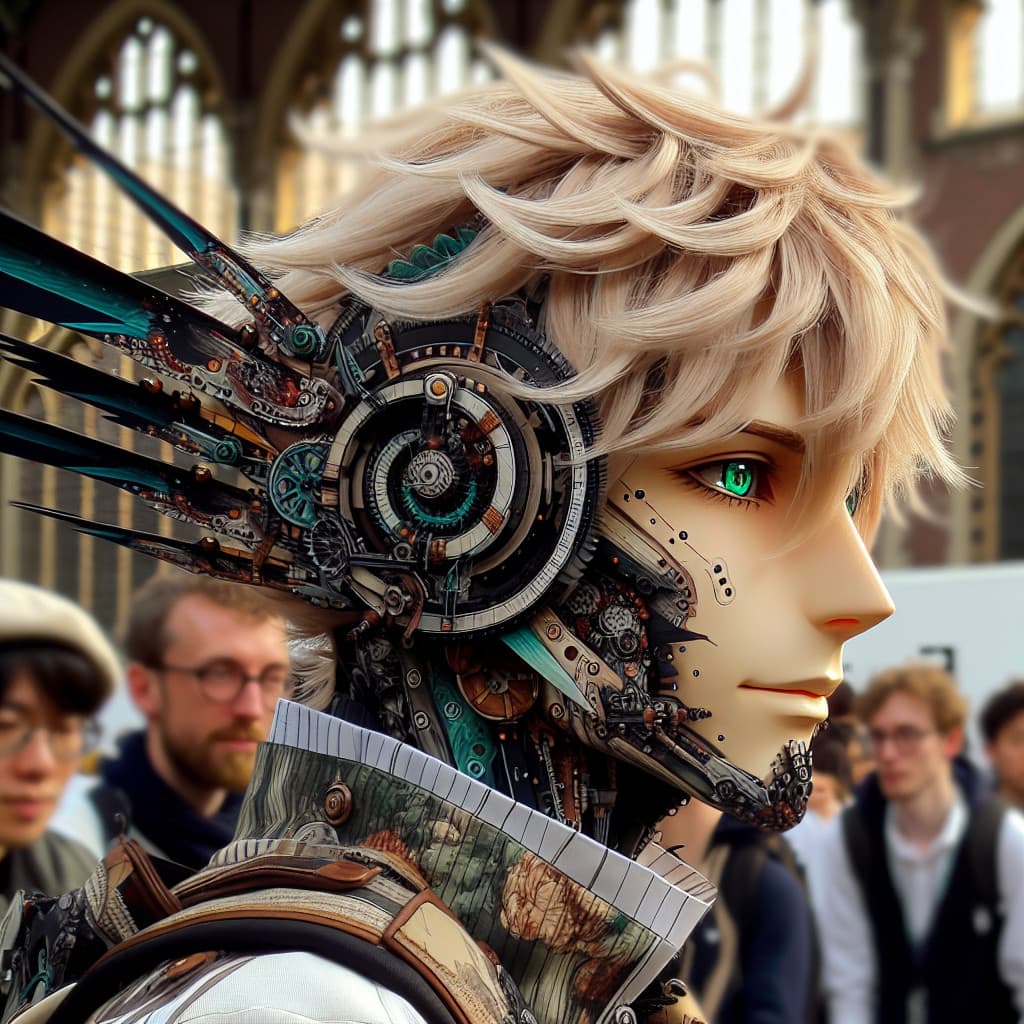 imagine in anime seraph of the end like look showing an anime boy with messy blond hair and green eyes working in kostuem walkacts fuer die amsterdam messe