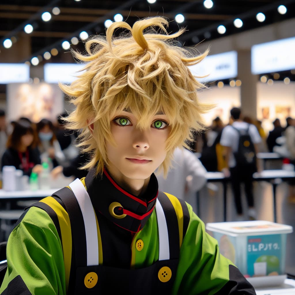 imagine in anime seraph of the end like look showing an anime boy with messy blond hair and green eyes working in kostuem walkacts fuer die barcelona