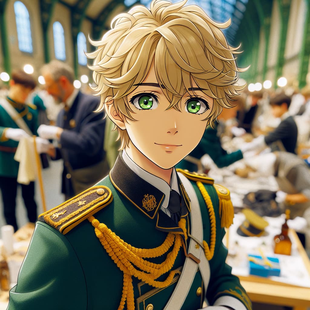 imagine in anime seraph of the end like look showing an anime boy with messy blond hair and green eyes working in kostuem walkacts fuer die berliner messe