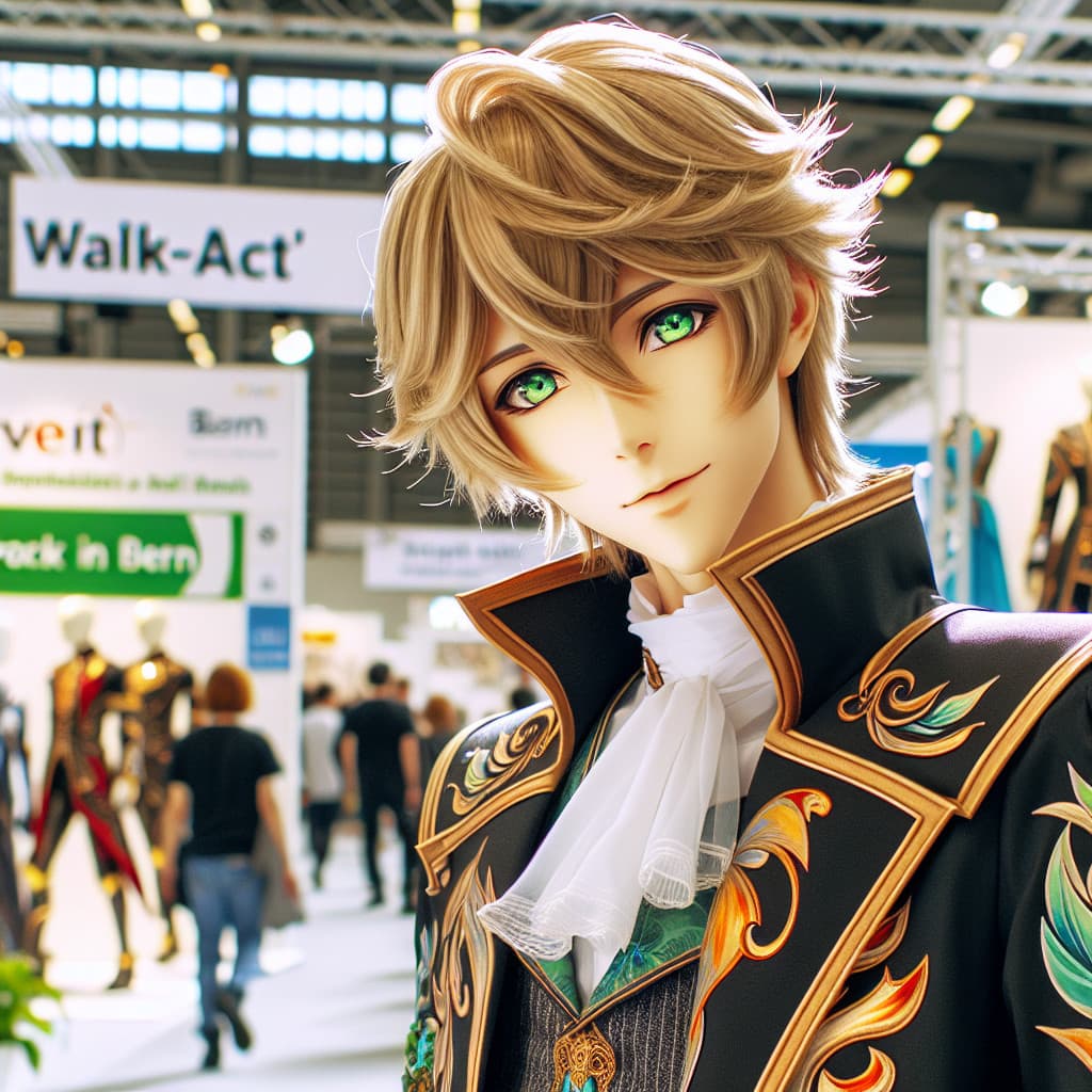 imagine in anime seraph of the end like look showing an anime boy with messy blond hair and green eyes working in kostuem walkacts fuer die berner messe