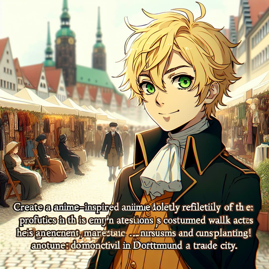 imagine in anime seraph of the end like look showing an anime boy with messy blond hair and green eyes working in kostuem walkacts fuer die dortmunder messe