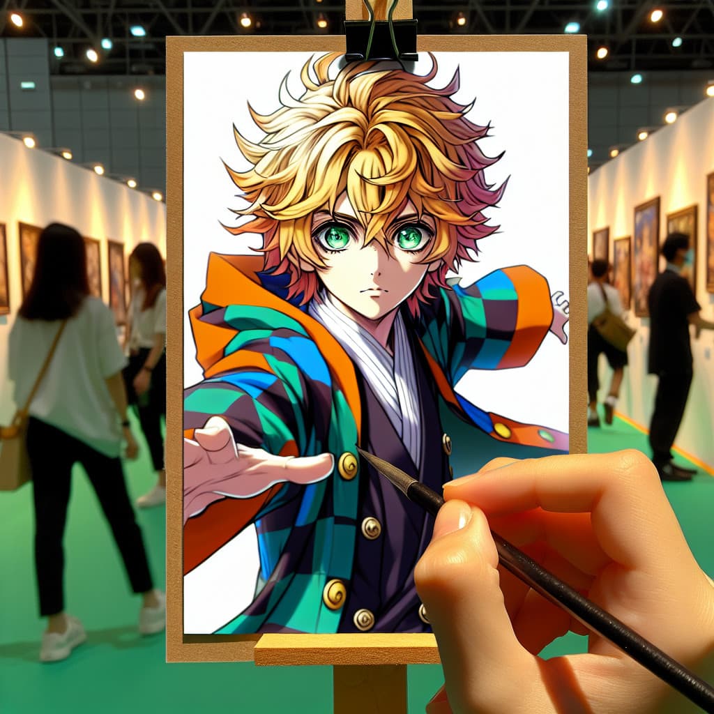 imagine in anime seraph of the end like look showing an anime boy with messy blond hair and green eyes working in kostuem walkacts fuer die essen messe