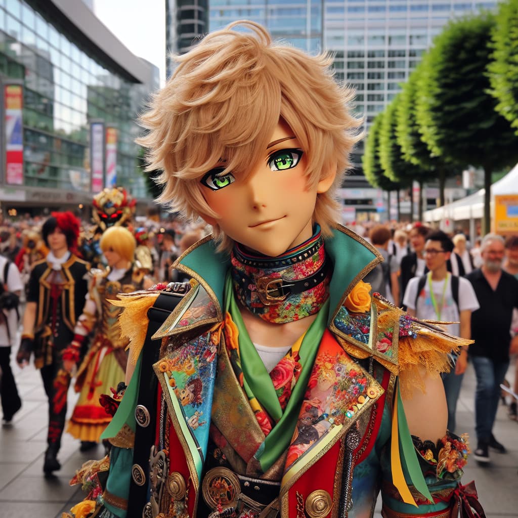 imagine in anime seraph of the end like look showing an anime boy with messy blond hair and green eyes working in kostuem walkacts fuer die frankfurter messe