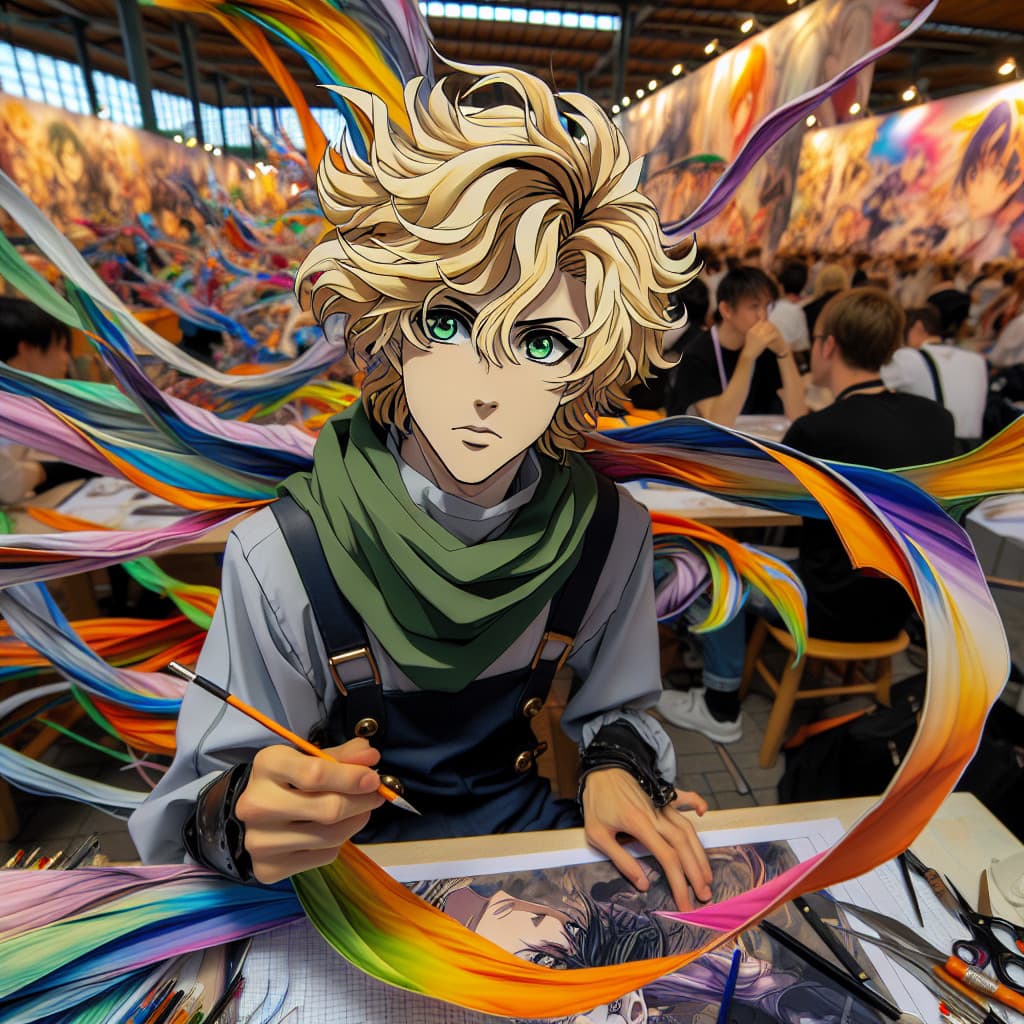 imagine in anime seraph of the end like look showing an anime boy with messy blond hair and green eyes working in kostuem walkacts fuer die friedrichshafen messe