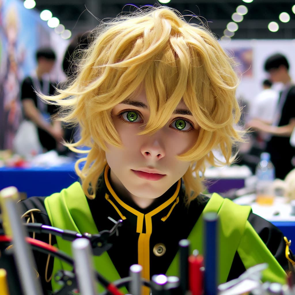 imagine in anime seraph of the end like look showing an anime boy with messy blond hair and green eyes working in kostuem walkacts fuer die leipziger messe