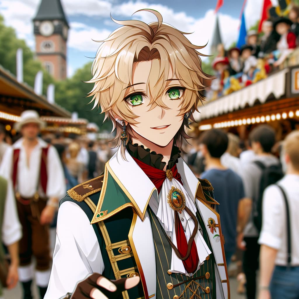imagine in anime seraph of the end like look showing an anime boy with messy blond hair and green eyes working in kostuem walkacts fuer die messe bad salzuflen
