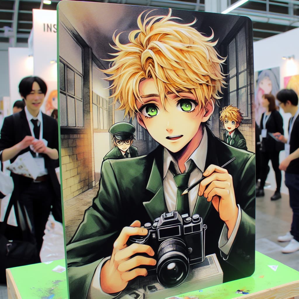 imagine in anime seraph of the end like look showing an anime boy with messy blond hair and green eyes working in kostuem walkacts fuer die messe in duesseldorf