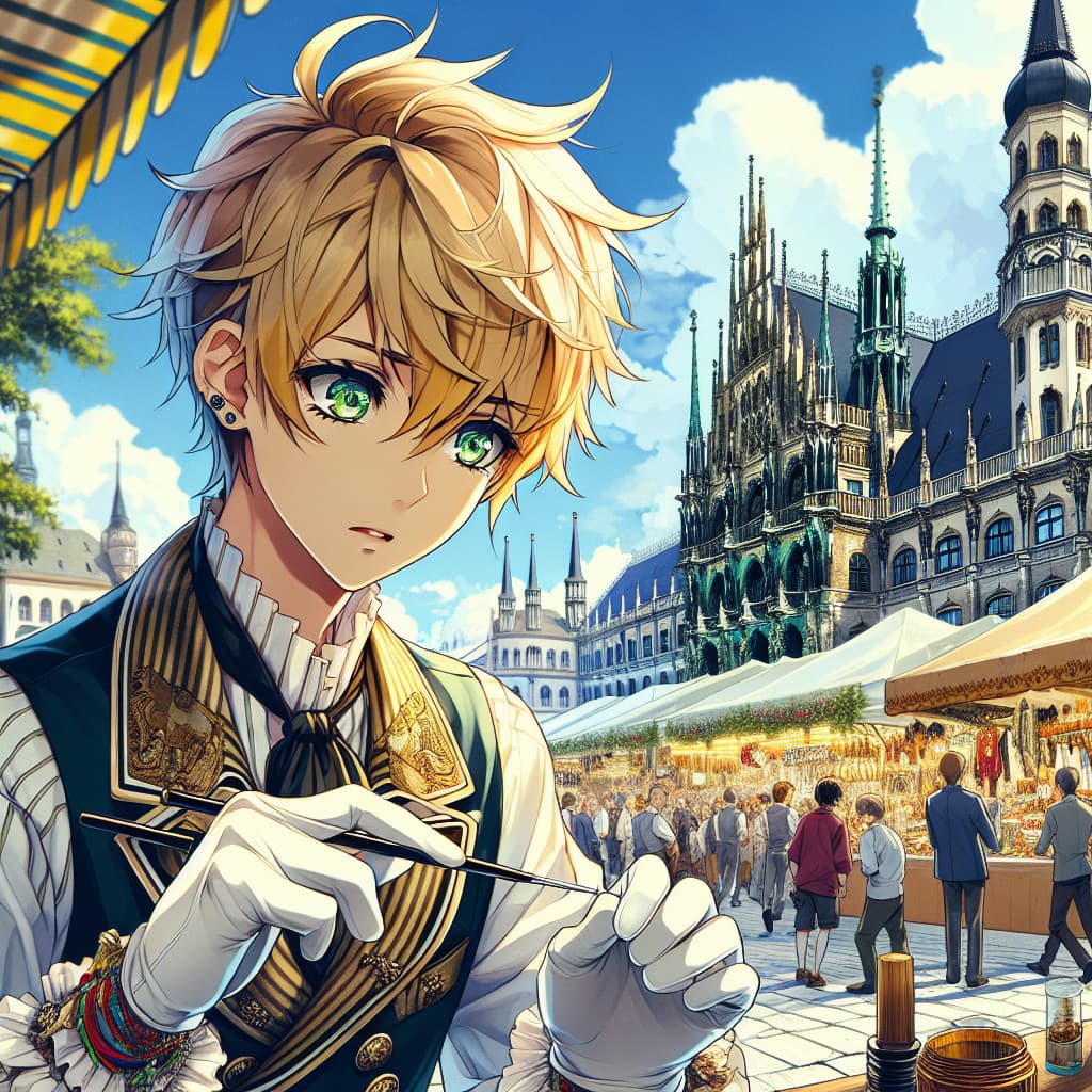 imagine in anime seraph of the end like look showing an anime boy with messy blond hair and green eyes working in kostuem walkacts fuer die muenchner messe