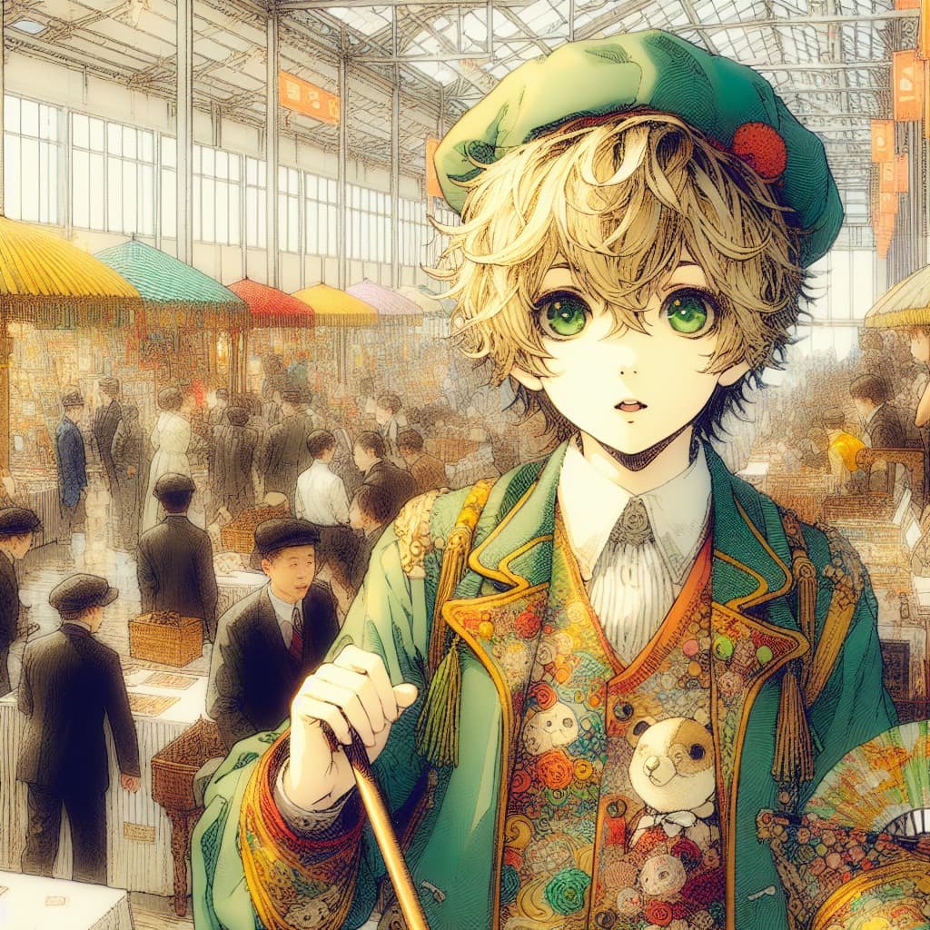 imagine in anime seraph of the end like look showing an anime boy with messy blond hair and green eyes working in kostuem walkacts fuer die nuernberger messe