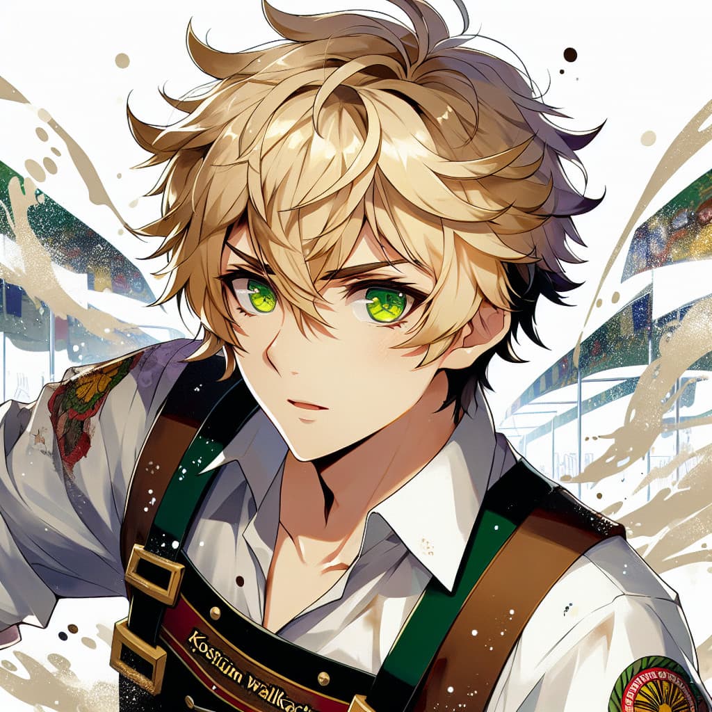 imagine in anime seraph of the end like look showing an anime boy with messy blond hair and green eyes working in kostuem walkacts fuer die stuttgarter messe